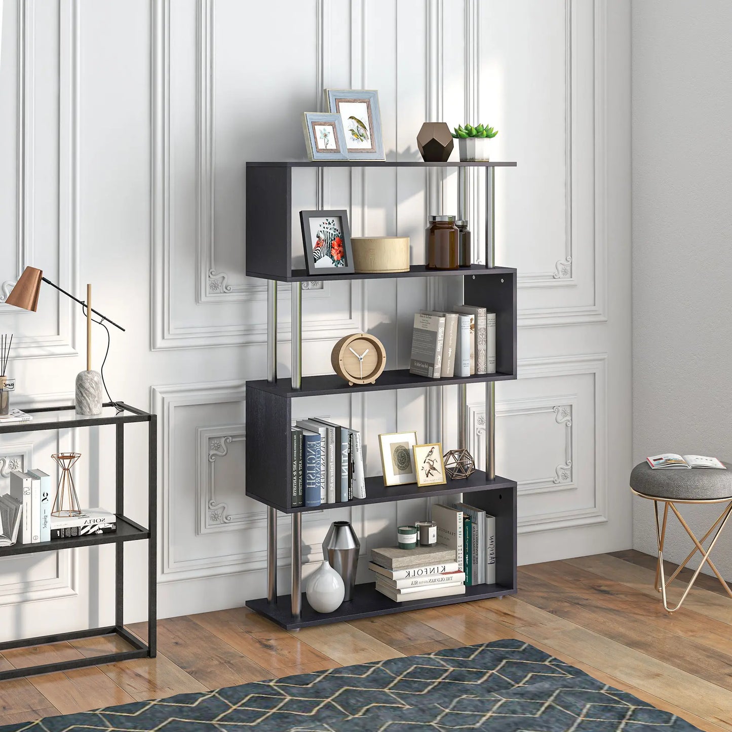 5-Tier Geometric Wooden Bookcase, S-Shaped Storage, Black Display Bookshelves at Gallery Canada