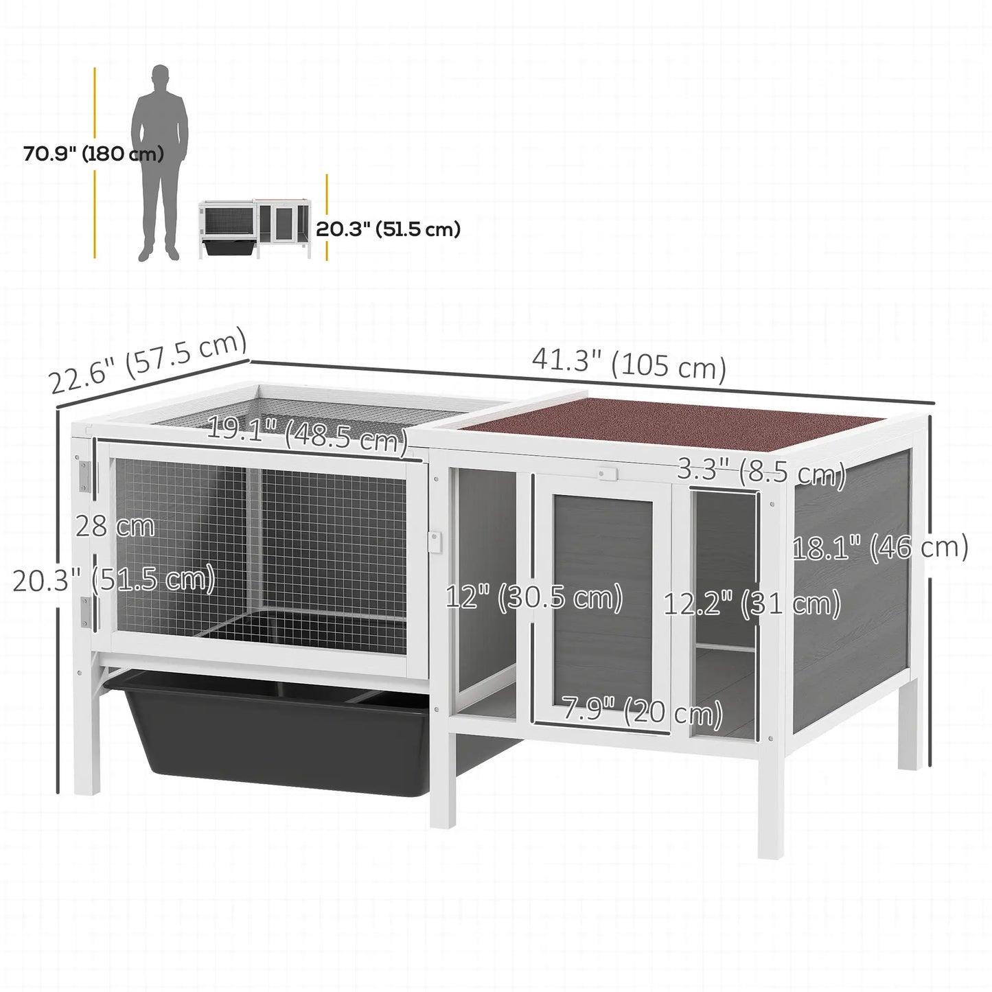 Wooden Rabbit Hutch With Run, Openable Top, Pull Out Tray, Ramp, Water-Resistant Roof, Grey