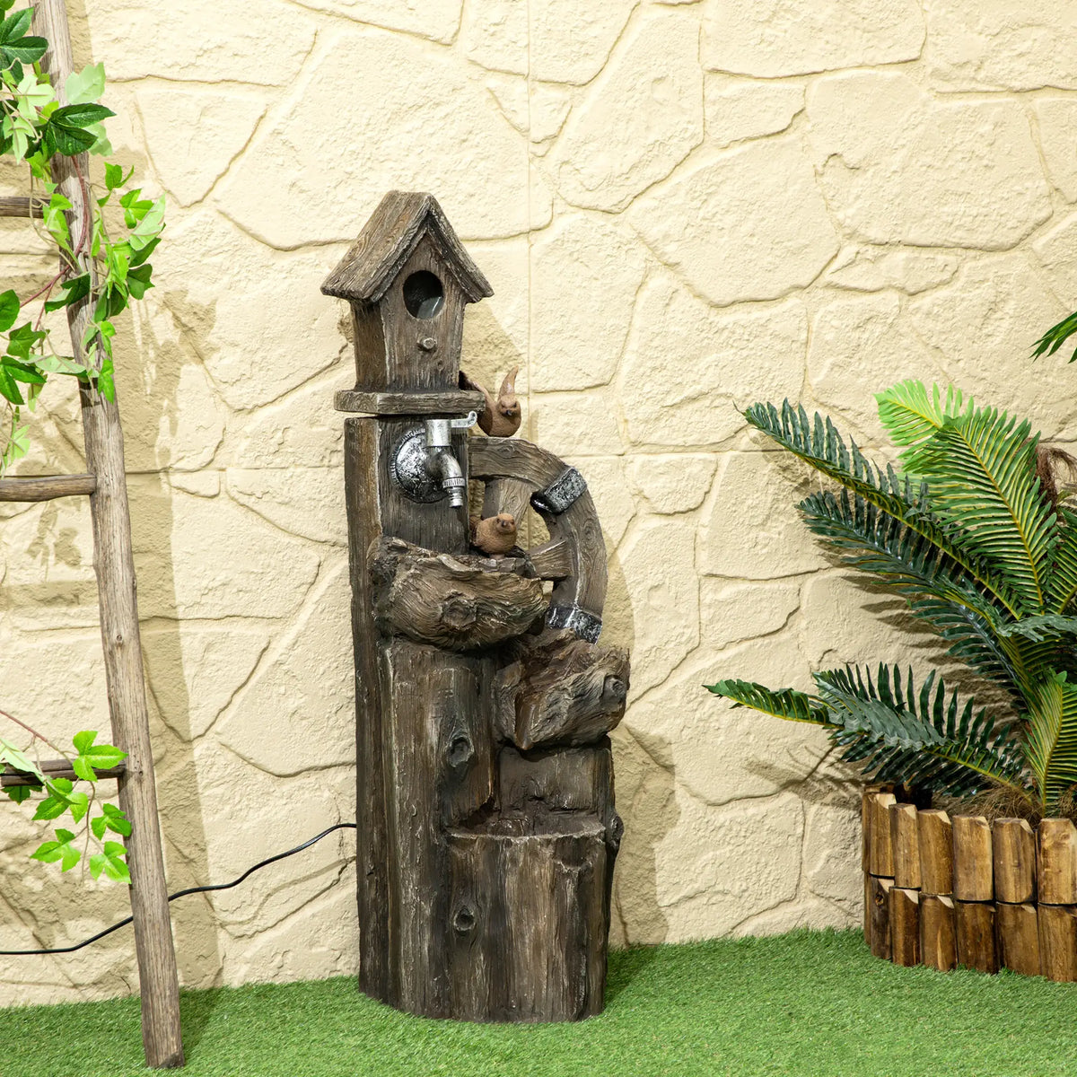 2-in-1 Outdoor Water Fountain With Birdhouse, 13.6" L x 11.6" W x 36.2" H, Mixed Colour Water Fountains at Gallery Canada
