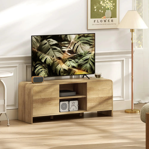 TV Stand For 55 Inch TV, Natural Wood Entertainment Center With 2 Cabinets