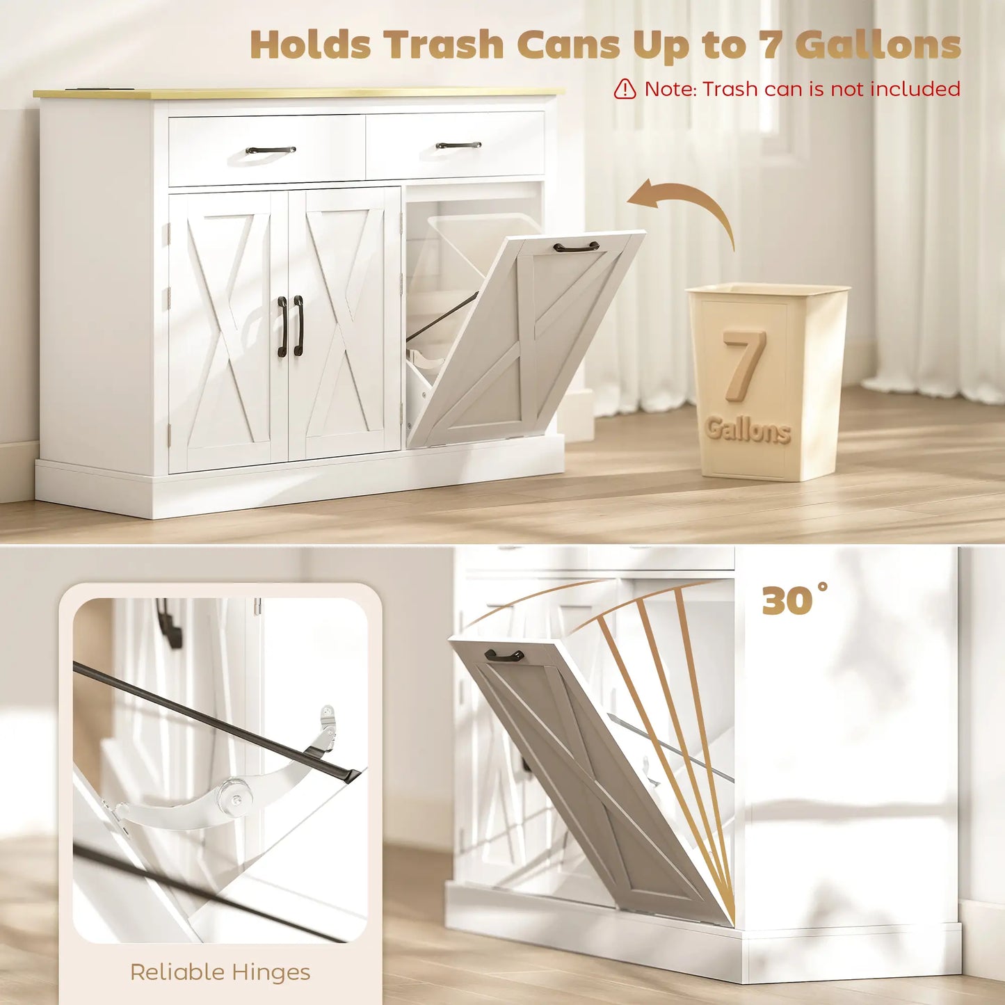 7 Gallon Tilt Out Garbage Cabinet, Kitchen Island With Charging Station, White