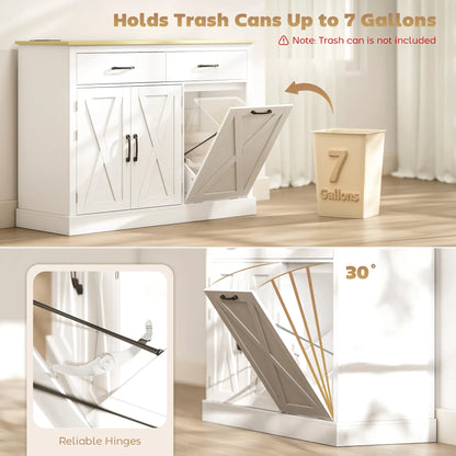 7 Gallon Tilt Out Garbage Cabinet, Kitchen Island With Charging Station, White