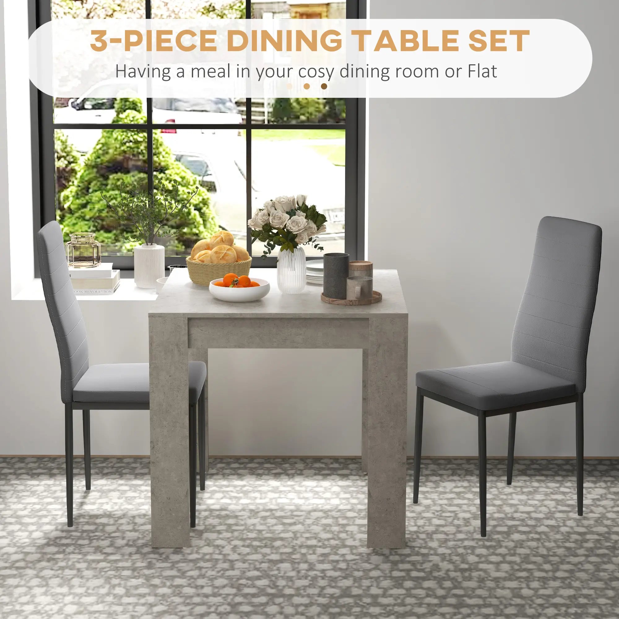 Square Dining Table Set for 2, Faux Cement Table, PU Leather Chairs Bar Sets at Gallery Canada