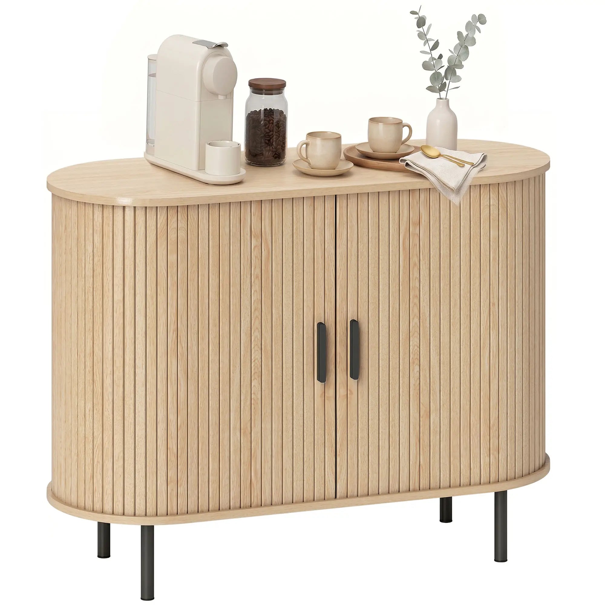 Sideboard Buffet Cabinet with Curved Tambour Doors, Natural Wood, Natural Wood Storage Cabinets at Gallery Canada