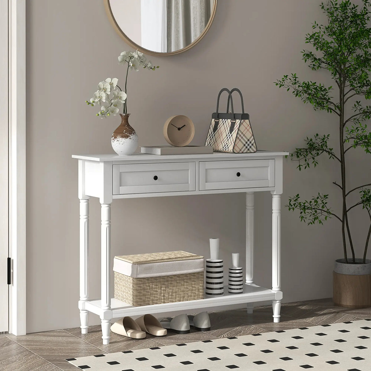 Modern Hallway Console Table, 2 Drawers, Storage Shelf, Turned Legs, White Console Tables at Gallery Canada