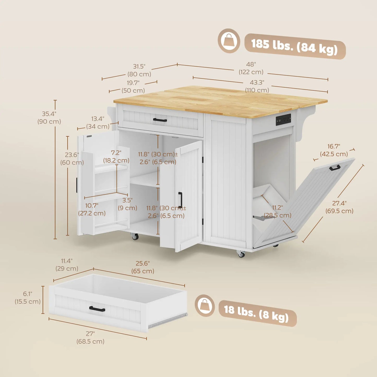 Portable Kitchen Island Cart, Rubber Wood Drop Leaf, Trash Storage, White Kitchen Islands & Kitchen Carts at Gallery Canada