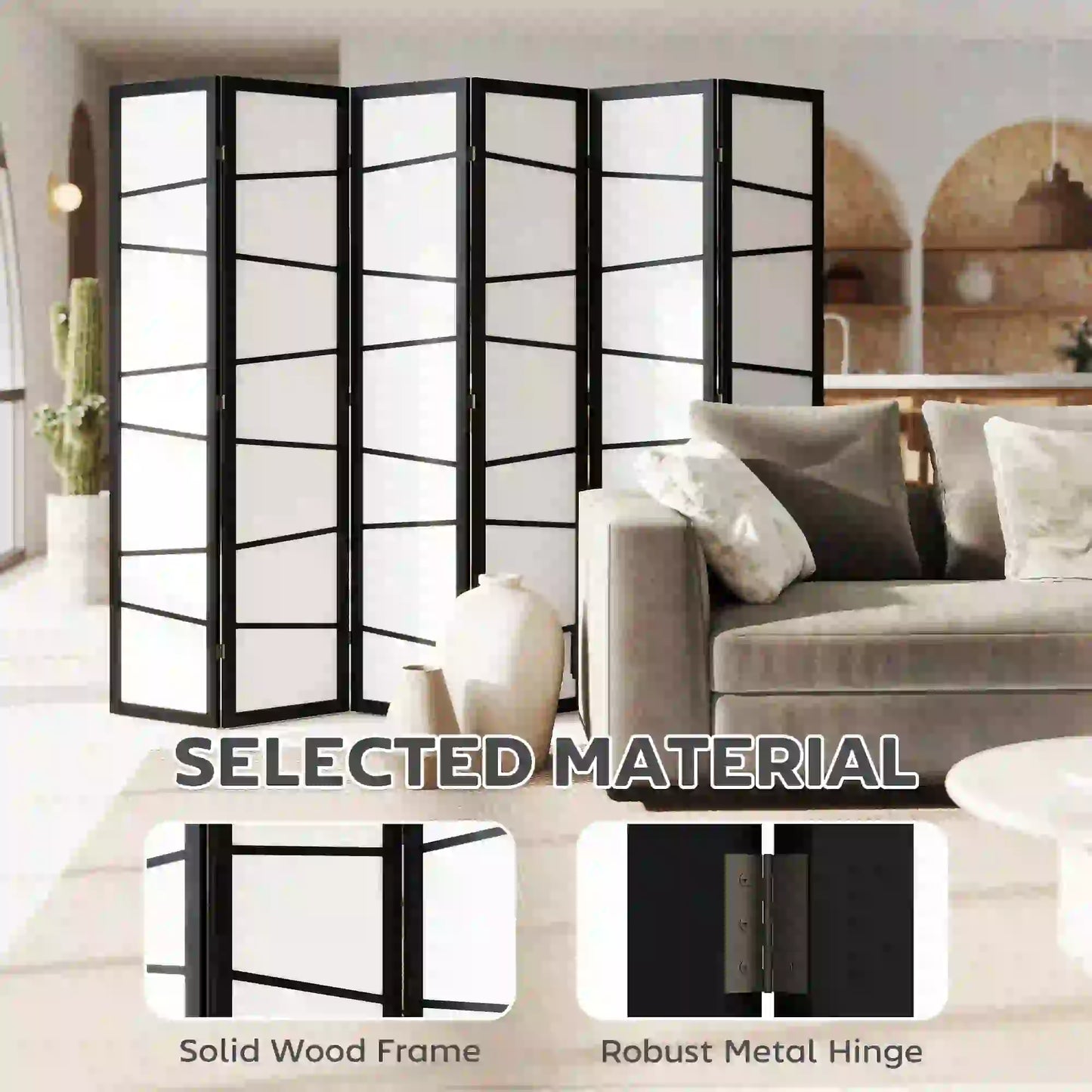 66.9" Folding Room Divider, 6 Panel Wood Frame Partition, White Room Dividers at Gallery Canada