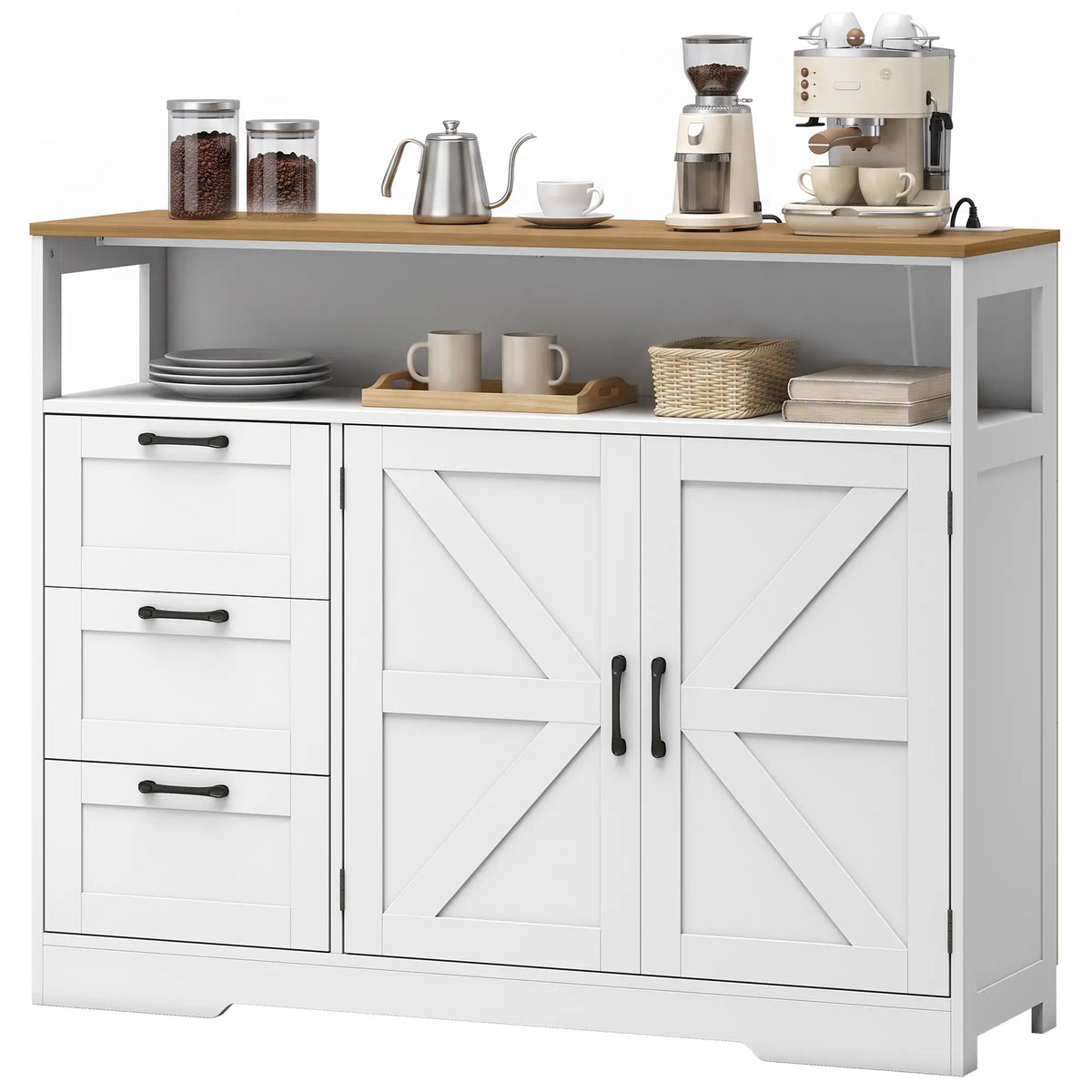48" Farmhouse Sideboard Buffet Cabinet, 3 Drawers, Charging Station, White