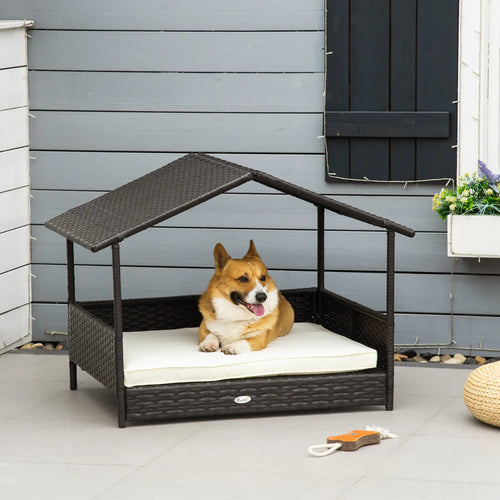 Elevated Rattan Dog House, Wicker Bed with Cushion, Small Medium Dogs, Cream White