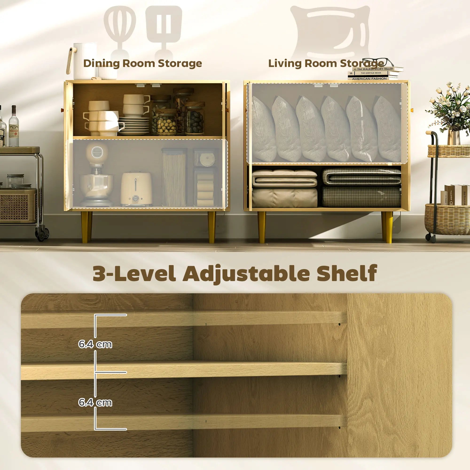 Oak Sideboard With Adjustable Shelf, 2 Doors, Gold Steel Legs, Gold Storage Cabinets at Gallery Canada