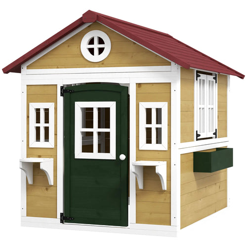 Wooden Playhouse for Kids, Outdoor with Door, Windows, Beige