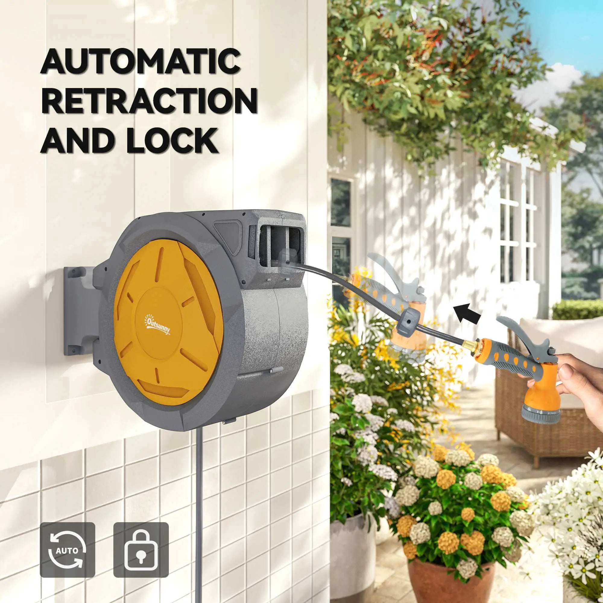 1/2 in x 100ft Wall Mounted Garden Hose Reel, Auto Rewind, Orange Garden Accessories at Gallery Canada