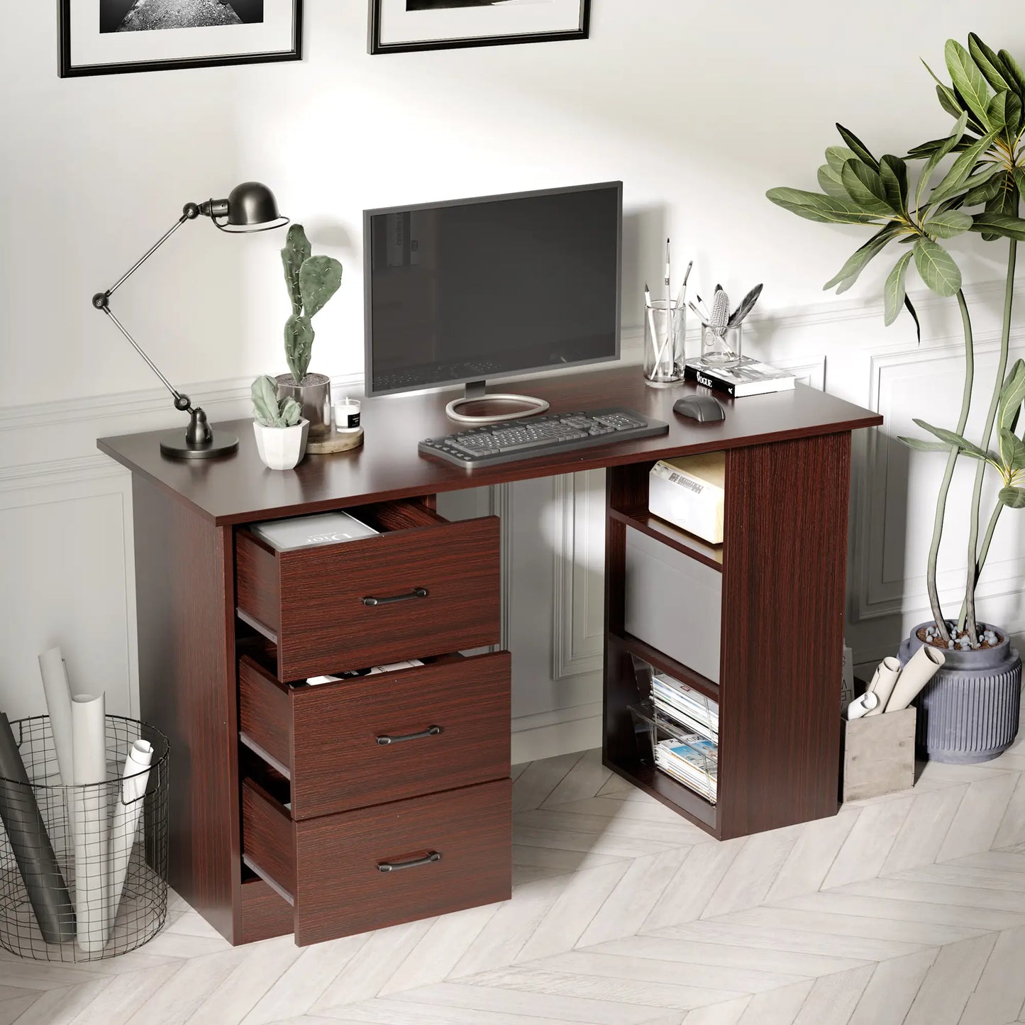 47 Inches Office Desk, 3-Tier Storage Shelves, Drawers, Walnut Writing Desks at Gallery Canada