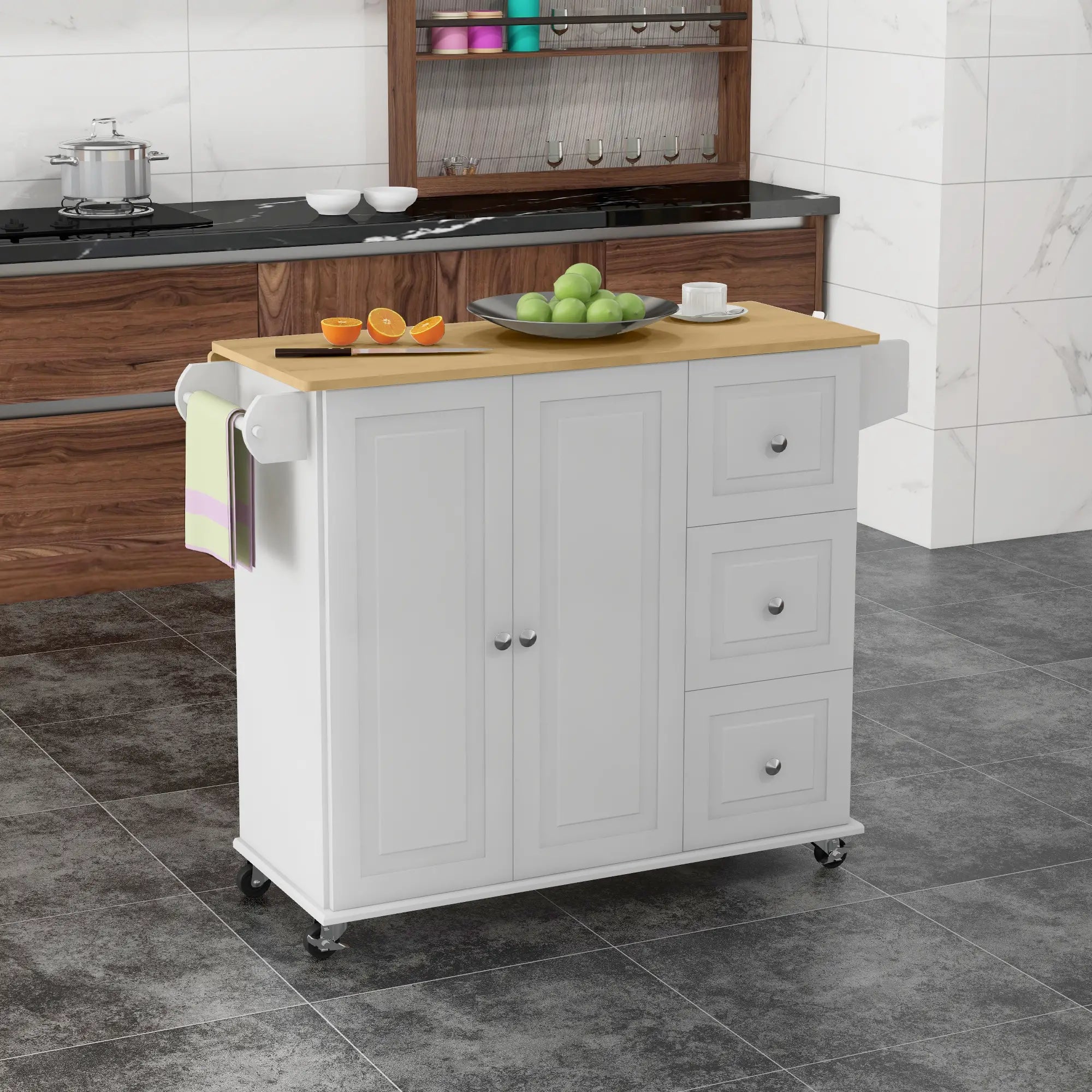 Kitchen Island with Drop Leaf, Rolling Cart, 3 Drawers, White Kitchen Islands & Kitchen Carts at Gallery Canada