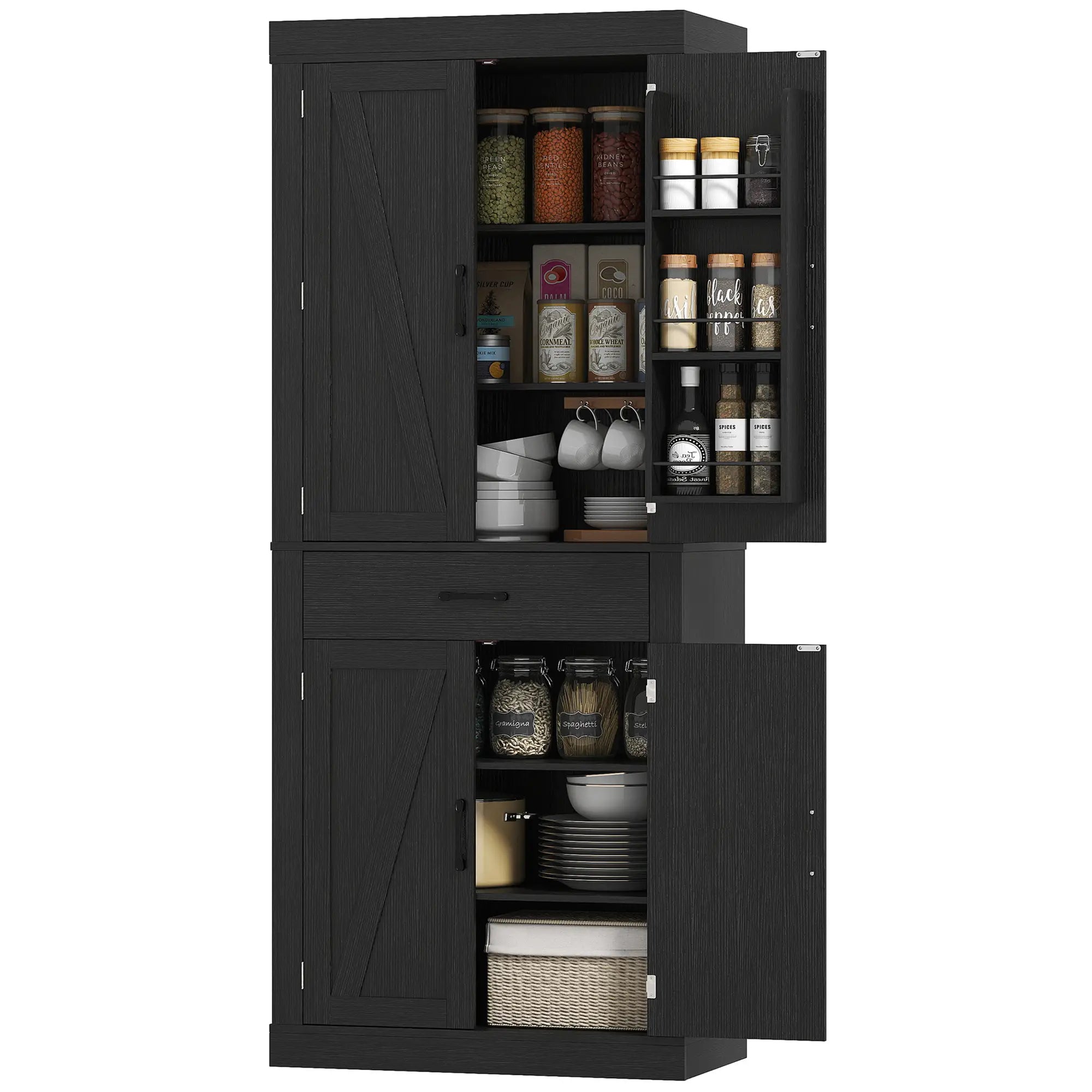 72 Inch Kitchen Pantry Cabinet, Farmhouse Storage, 4 Barn Doors, Black Kitchen Pantry Cabinets Black at Gallery Canada