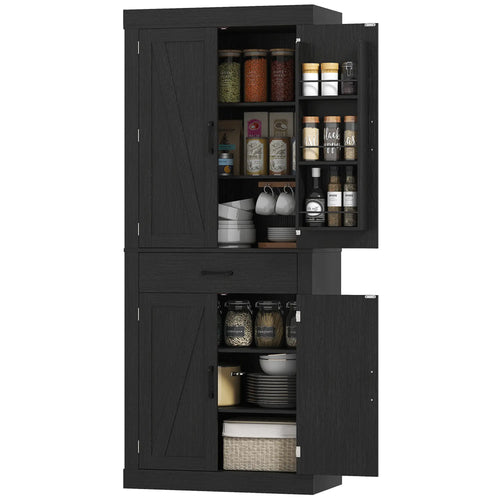 72 Inch Kitchen Pantry Cabinet, Farmhouse Storage, 4 Barn Doors, Black