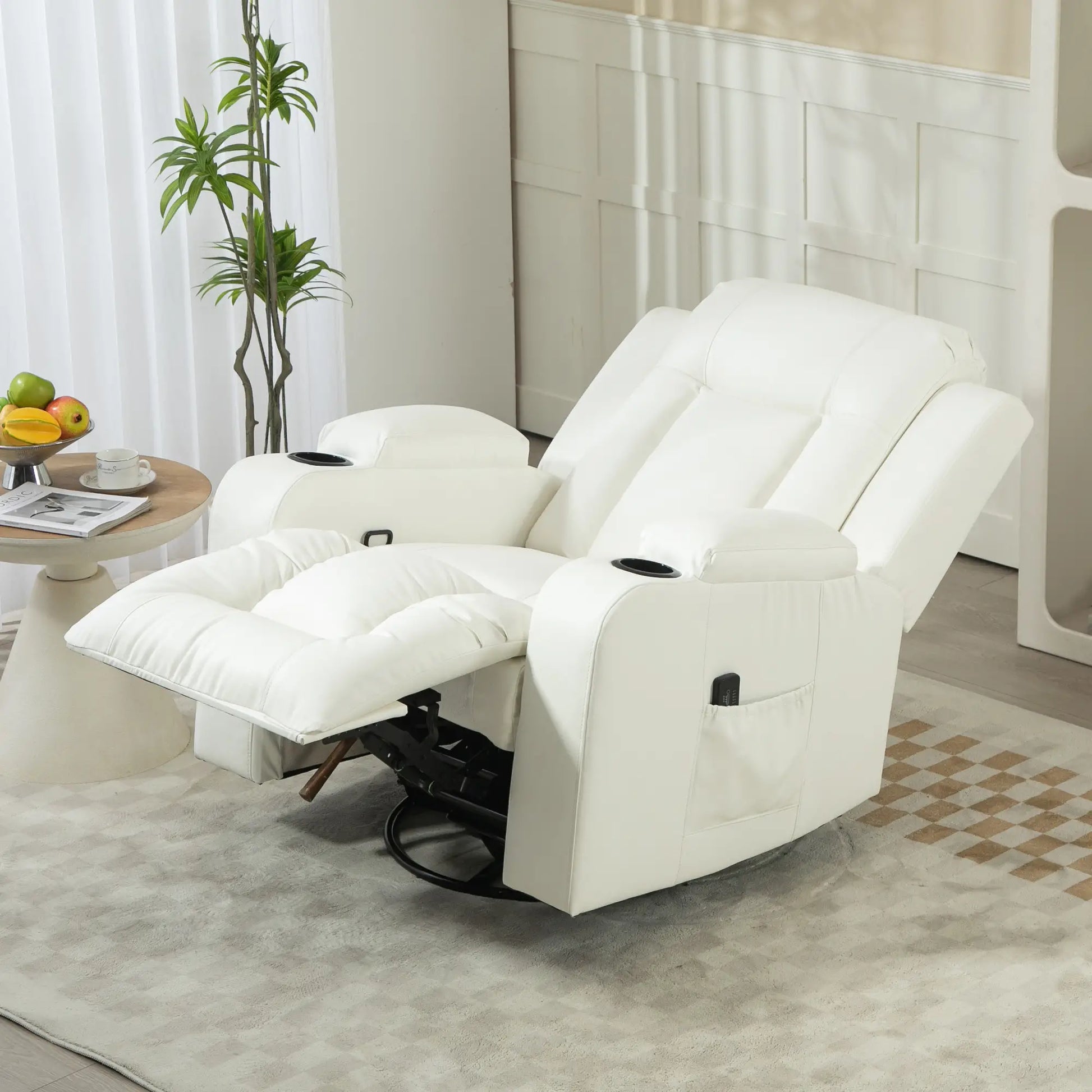 Swivel Massage Recliner Chair, Manual Rocker, PU Leather, Cream White Single Sofas at Gallery Canada