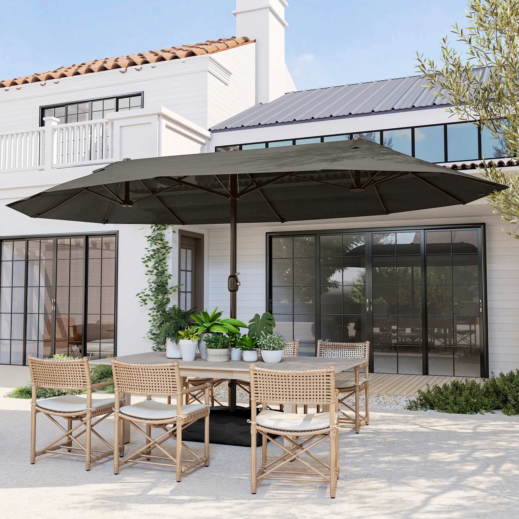 15' Outdoor Patio Umbrella, Twin Canopy Sunshade, Steel Table, Lift Crank, Dark Grey Sun Umbrellas at Gallery Canada