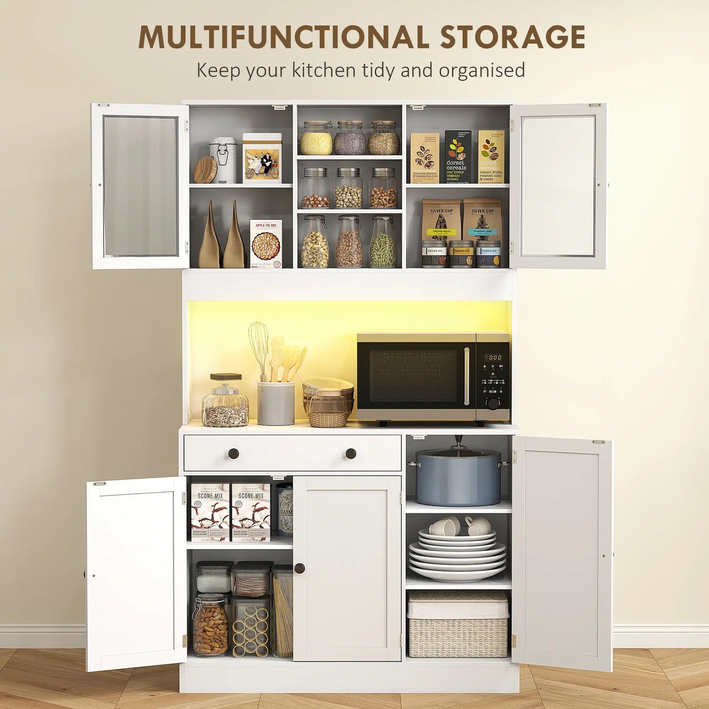 Tall Kitchen Pantry with LED Light, Freestanding Cabinet, White Kitchen Pantry Cabinets at Gallery Canada