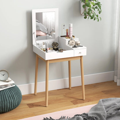 Modern Makeup Vanity Table, Flip-Up Mirror, 2 Drawers, White