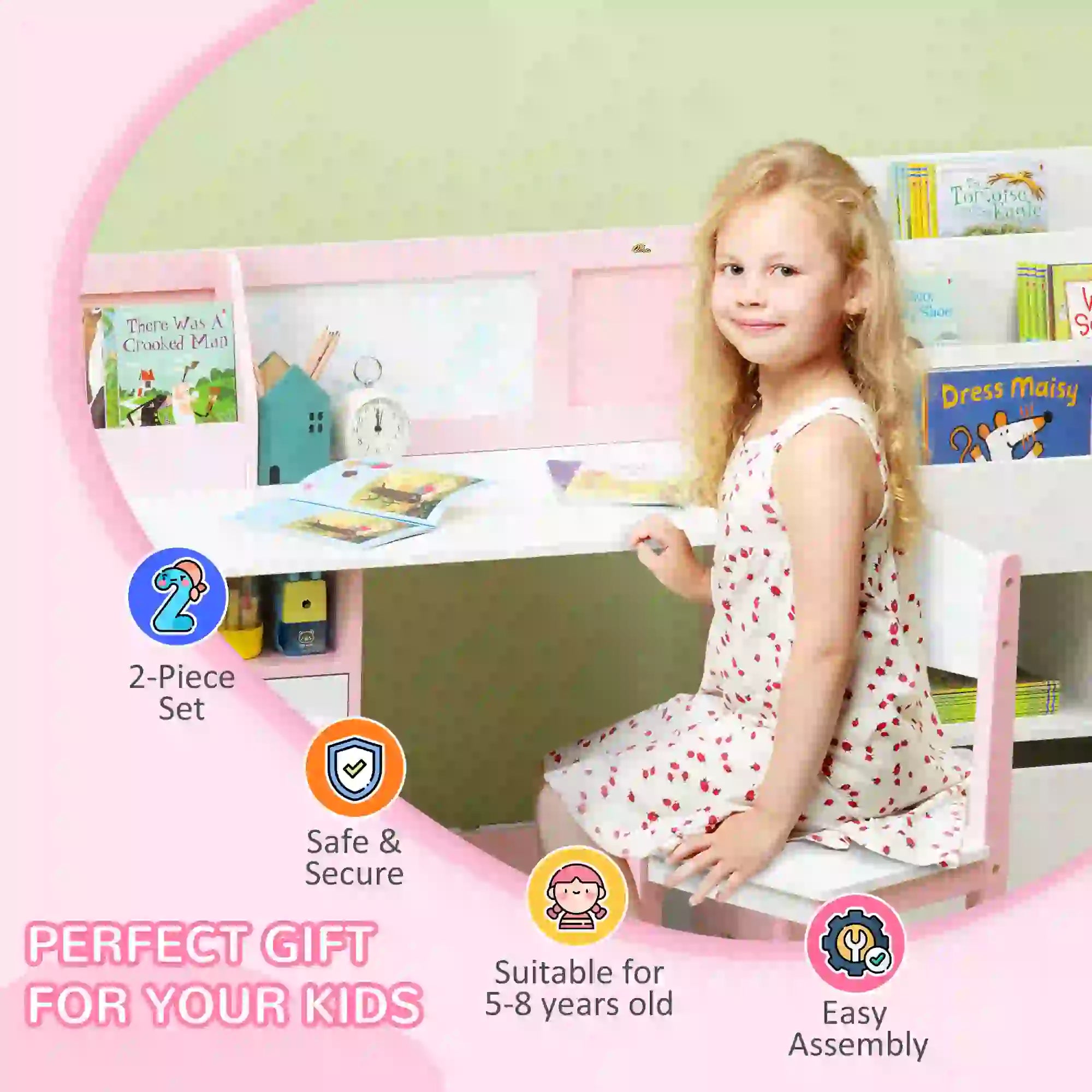 Kids Desk and Chair Set, 2Pcs, Whiteboard, Storage, Shelves, Pink Kids Table Sets at Gallery Canada
