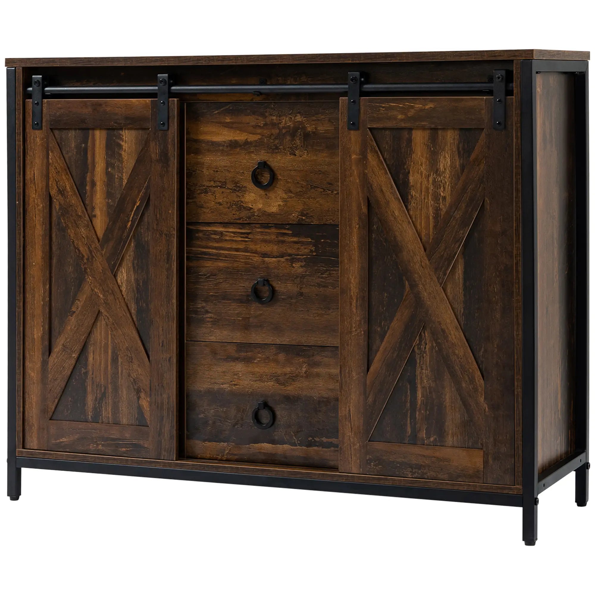 Industrial Buffet Cabinet, Kitchen Sideboard, Sliding Barn Doors, 3 Drawers, Adjustable Shelves, Rustic Brown, Brown Bar Cabinets at Gallery Canada
