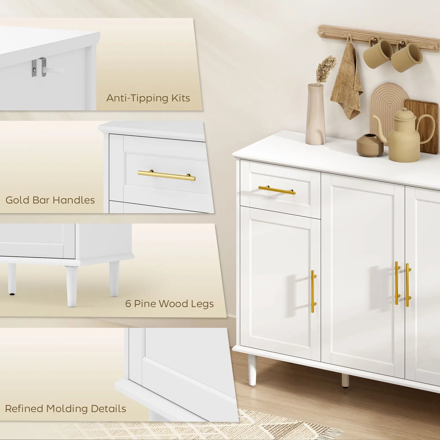 55" Buffet Cabinet, Soft-Close Doors, 2 Drawers, 3 Shelves, White Bar Cabinets at Gallery Canada