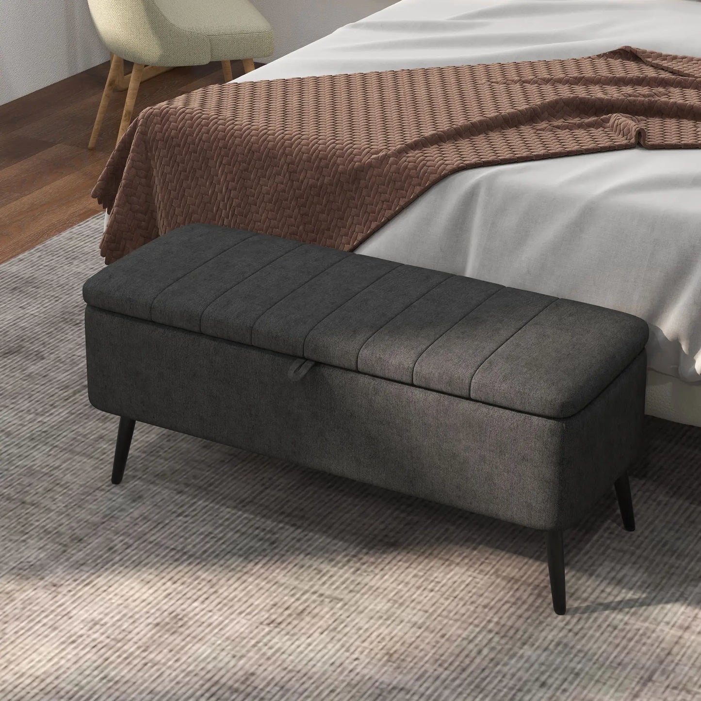 40" Ottoman with Storage, Linen Upholstered Bench, Dark Grey
