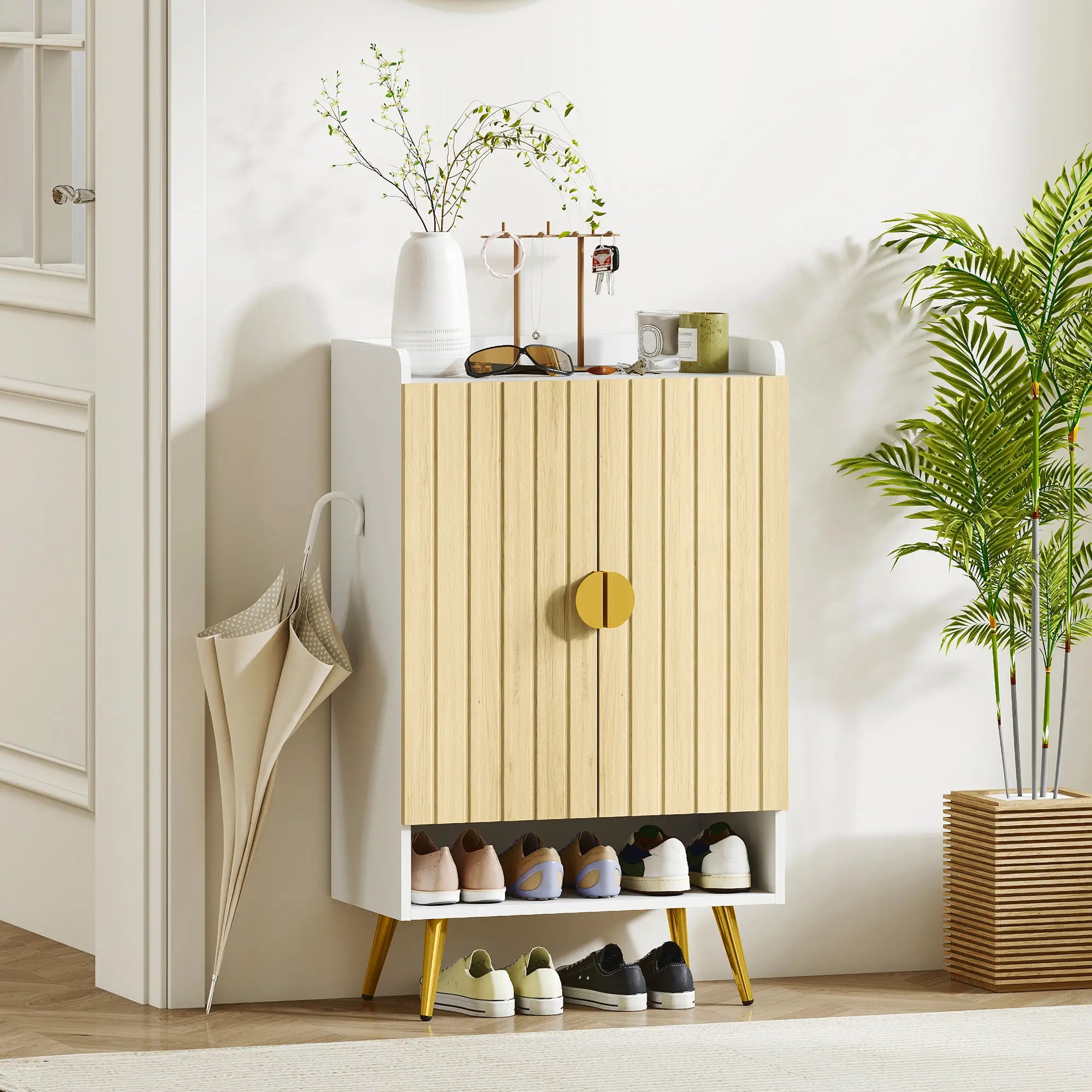 Entryway Shoe Storage Cabinet, Adjustable Shelves, Open Shelf, 15 Pairs, Natural Shoe Storage Cabinets & Racks at Gallery Canada