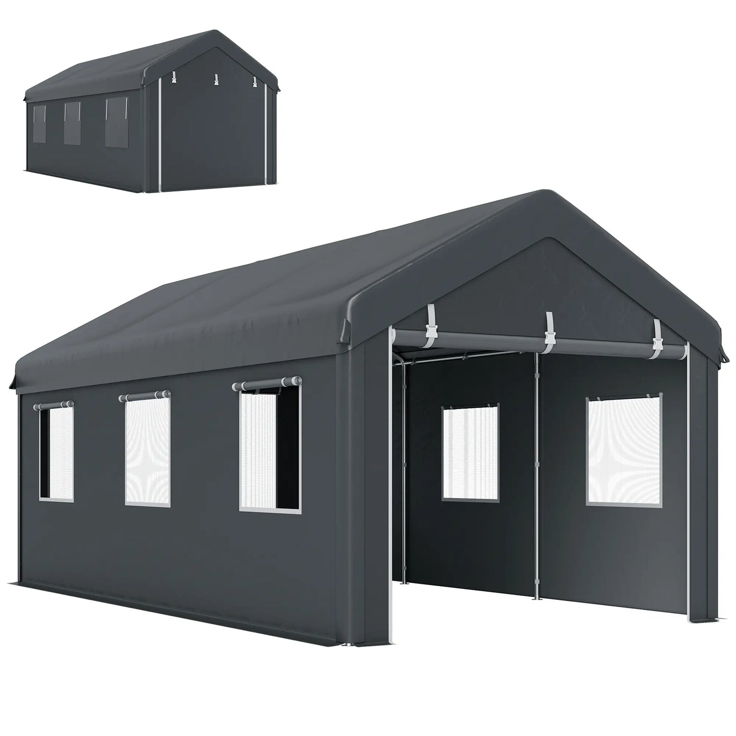 10' x 20' Heavy Duty Portable Garage, 6 Mesh Windows, 2 Doors, Dark Grey Car Shelters at Gallery Canada
