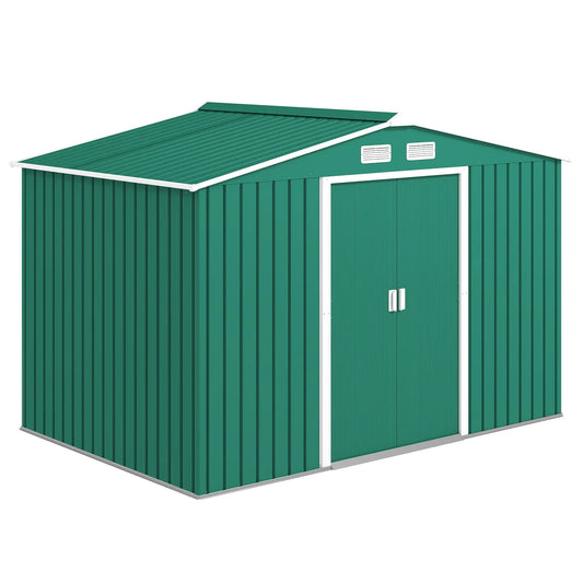 9.1' x 6.4' x 6.3' Garden Storage Shed, Foundation Kit, Metal Tool House, Double Doors, Green Sheds Green at Gallery Canada