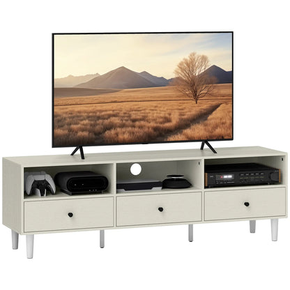 Support TV pour 75 Pouces, 3 Étagères de Rangement, 3 Tiroirs, Blanc