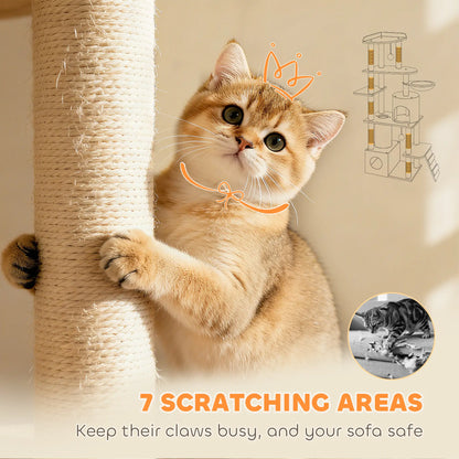 67" Large Cat Tree with 7 Scratching Posts, Tunnel, 2 Condos, Hammock, Perch, Ramp, Pompoms, Beige