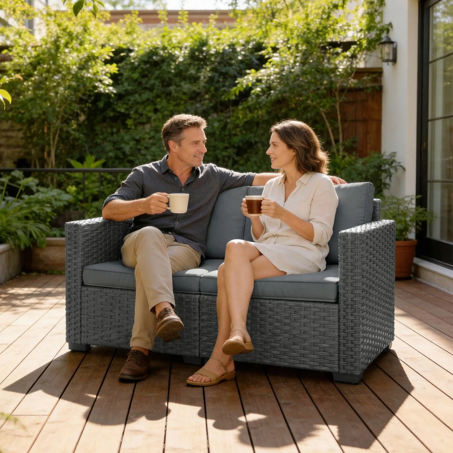 2 Seater Outdoor Couch, Deep Seat, Cushions, Wide Armrests, Dark Grey Patio Furniture Sets at Gallery Canada