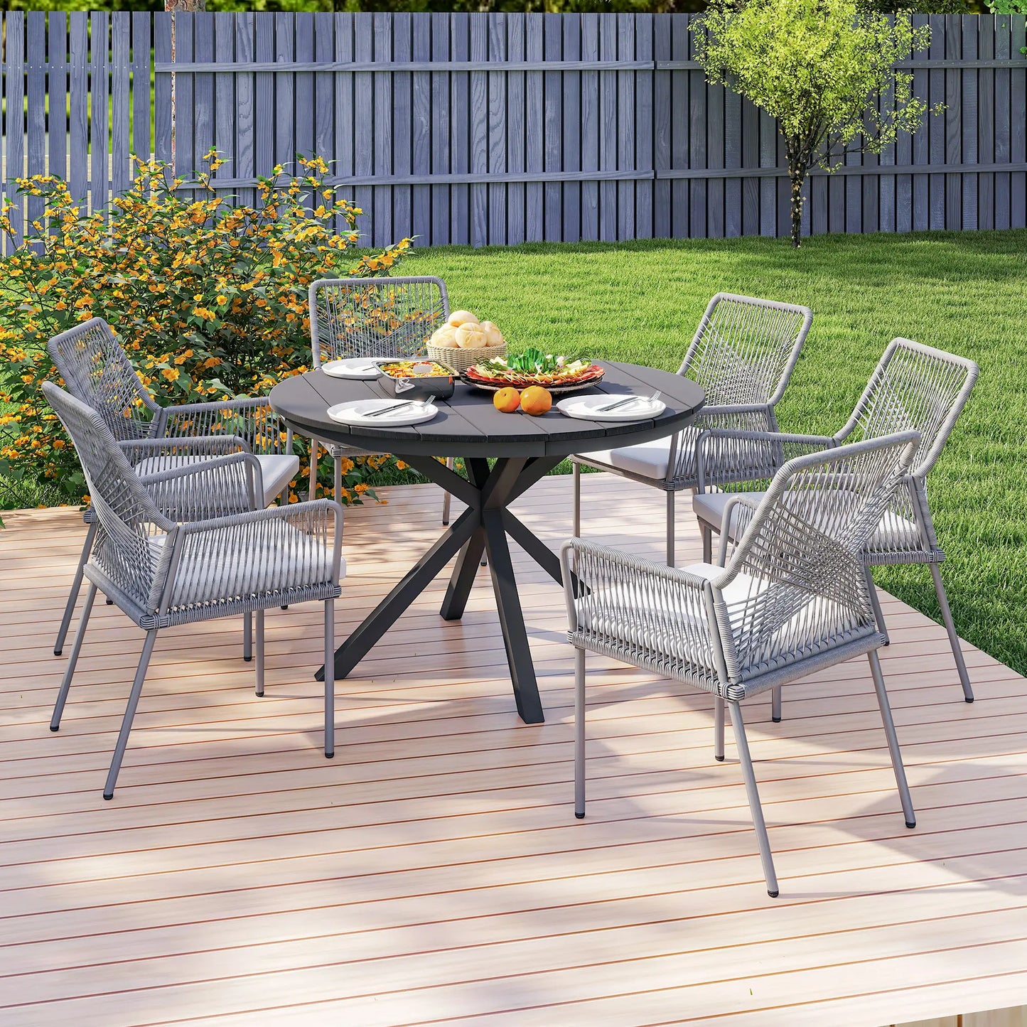 46.5" Round Outdoor Dining Table For 6, Slatted Top, Black Patio Dining Tables at Gallery Canada