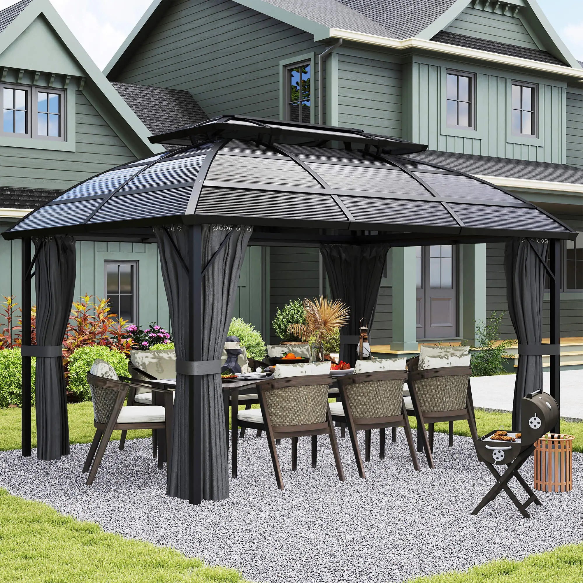 13' x 10' Patio Gazebo, Double Roof, With Curtains, Black Gazebos at Gallery Canada
