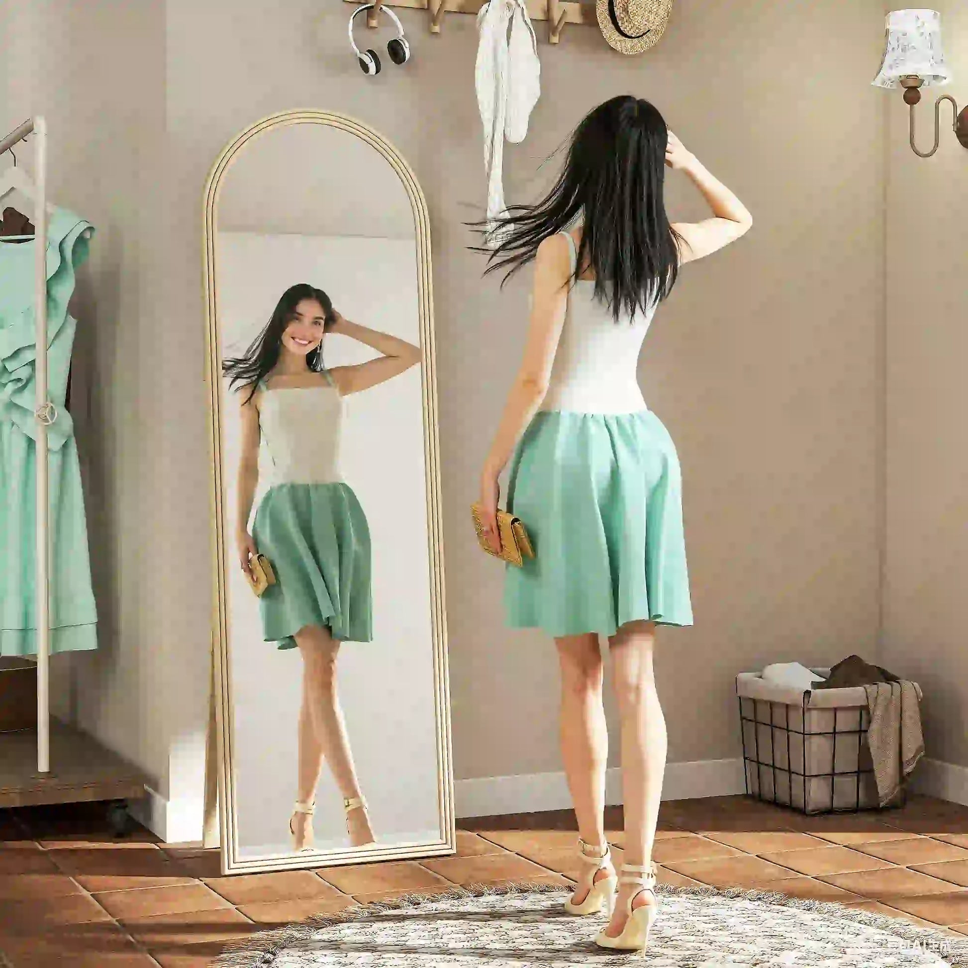 64" x 21" Full Length Mirror, Arched Faux Stone Frame, Beige Full Length Mirrors at Gallery Canada