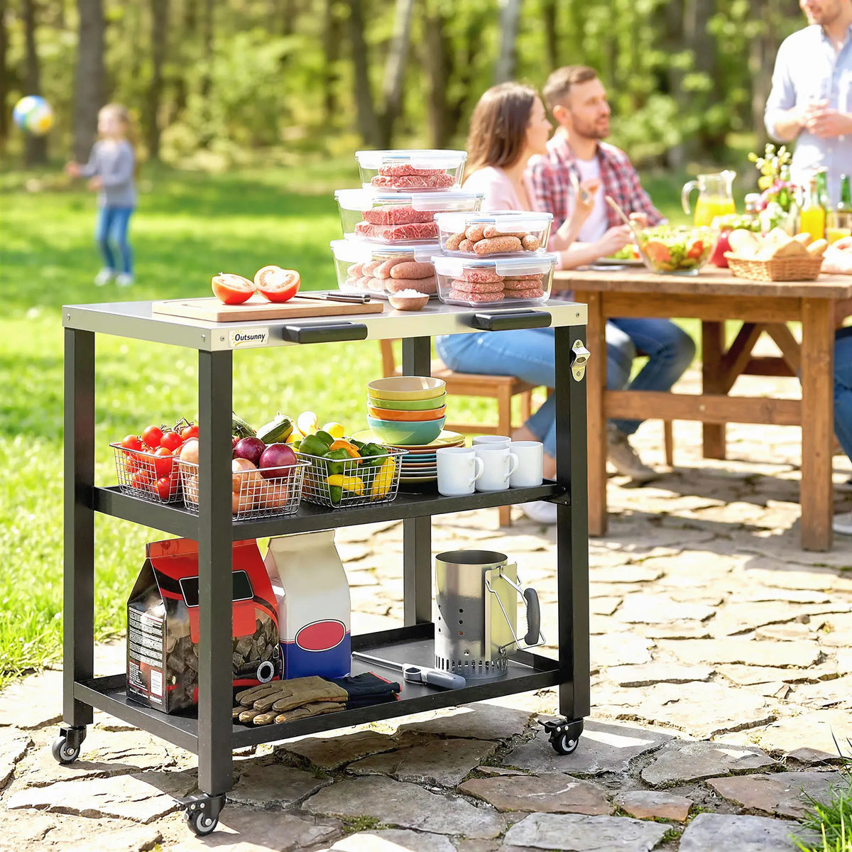 Outdoor Grill Cart, Stainless Steel Tabletop, 2 Shelves, Lockable Wheels