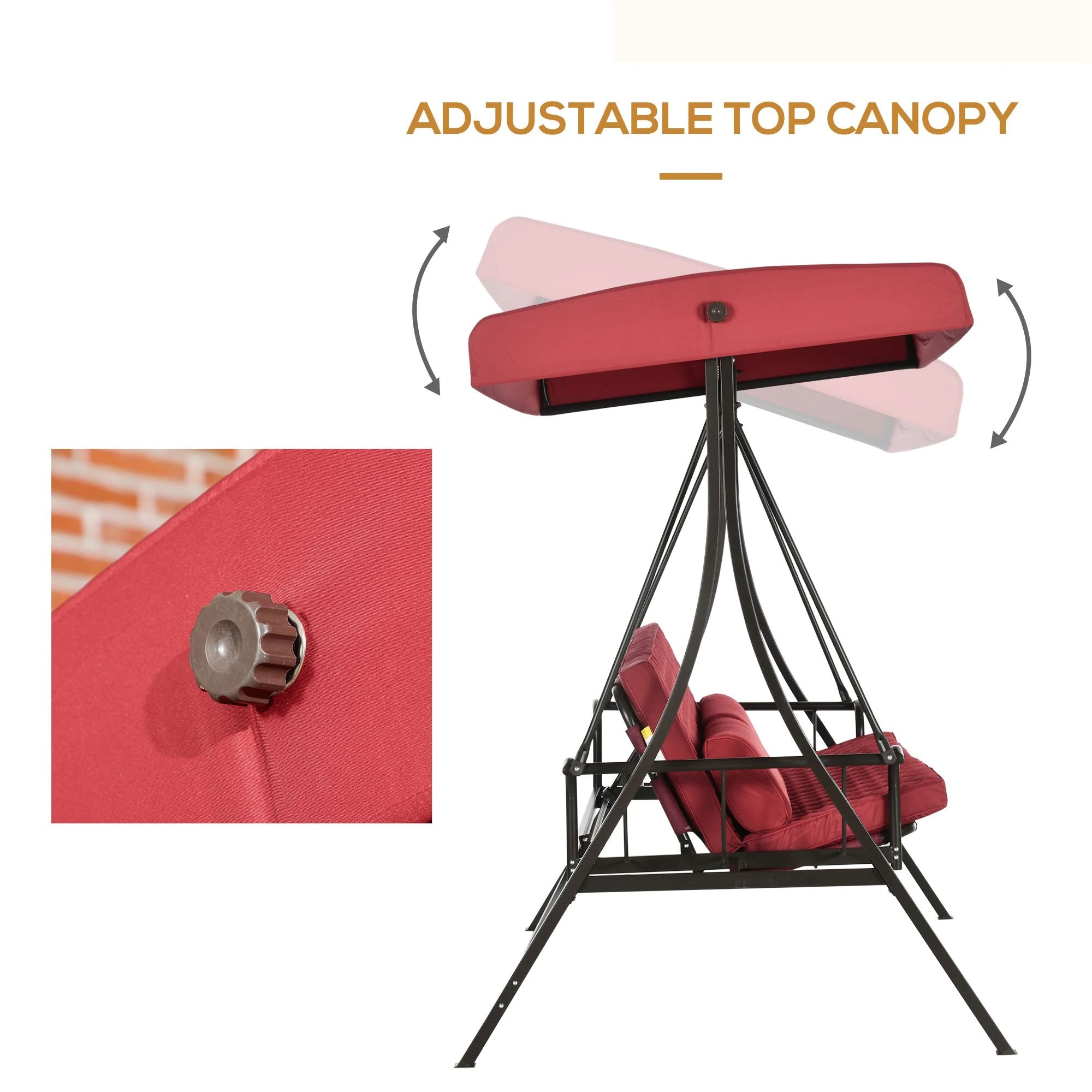 3 Person Porch Swing Bed, Outdoor Patio Chair with Canopy, Cushions, Red Patio Swings with Stand at Gallery Canada
