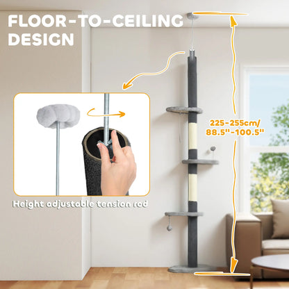 88.5"-100.5" Floor to Ceiling Cat Tree, Scratching Posts, Cloud Platforms, Dangling Balls, Grey Floor to Ceiling Cat Trees at Gallery Canada