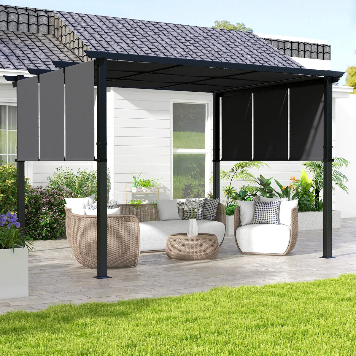 10' x 12' Metal Pergola, Retractable Canopy, Garden Patio Backyard Deck Pergolas at Gallery Canada