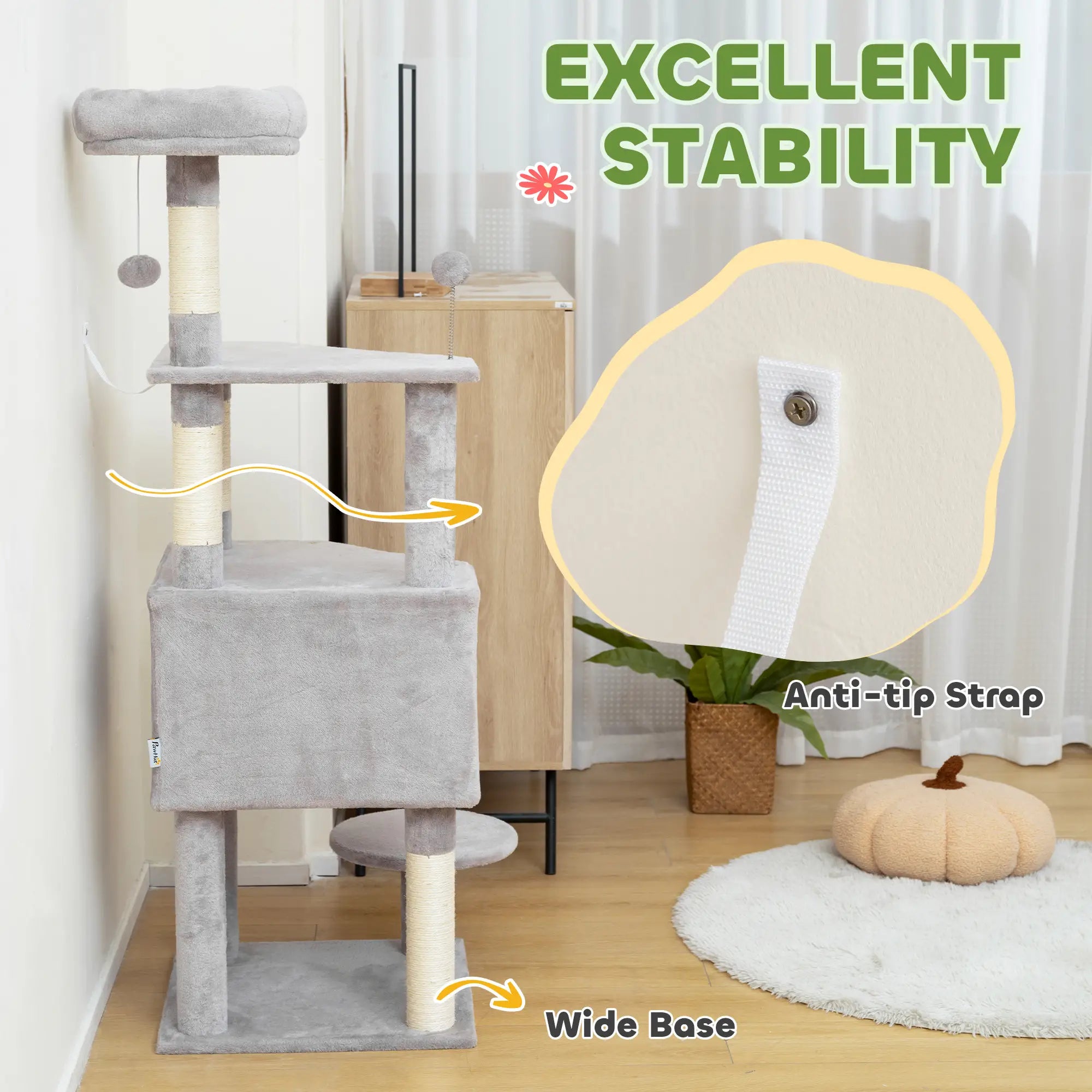 54 Inch Cat Tree, Large Condo, Top Perch, Sisal Posts, Dangling Toy, Light Grey Cat Trees at Gallery Canada