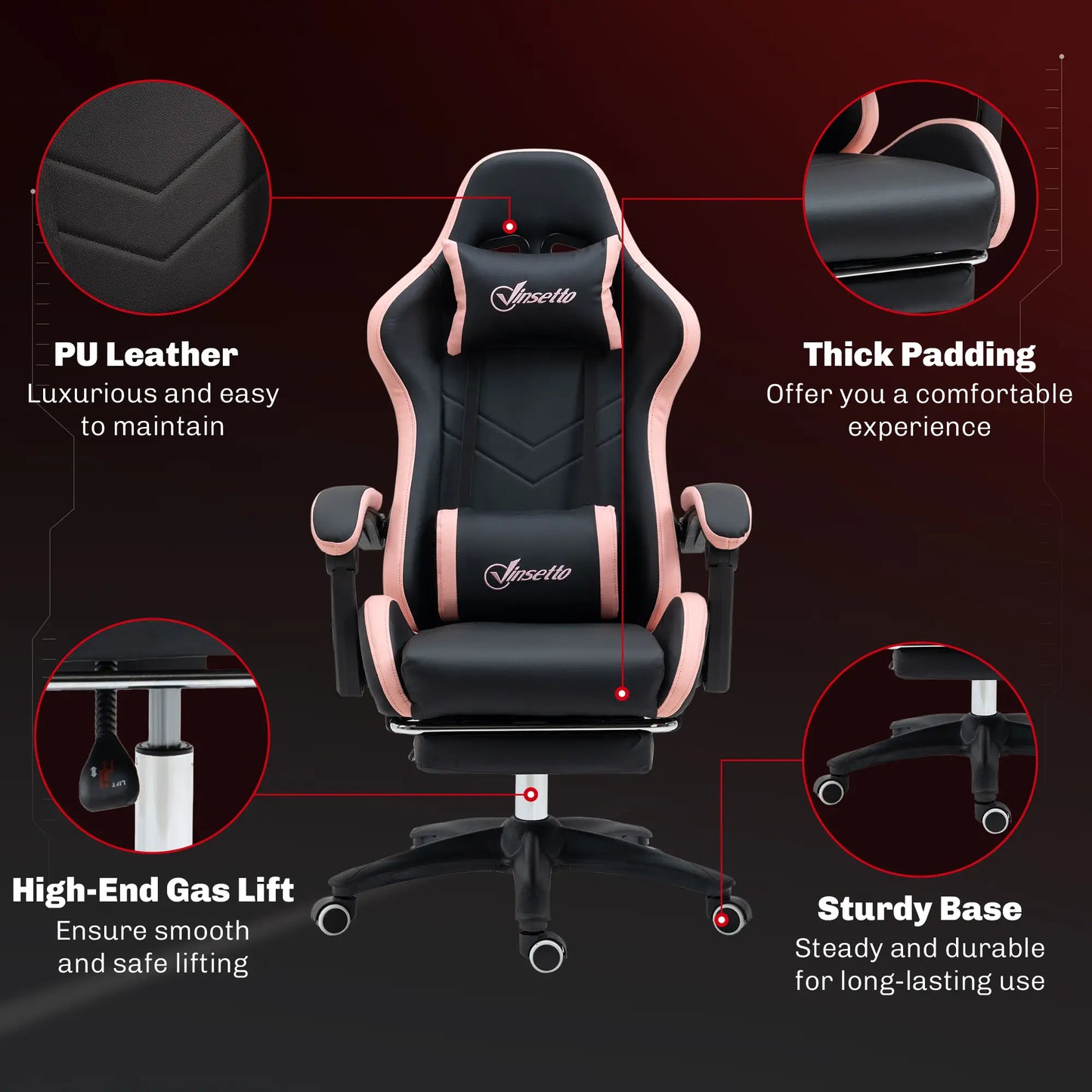 Gaming Chair, PU Leather Office Desk Chair with Footrest, Swivel Wheels, 135° Reclining Back, Black Video Game Chairs at Gallery Canada
