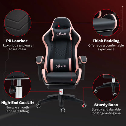 Gaming Chair, PU Leather Office Desk Chair with Footrest, Swivel Wheels, 135° Reclining Back, Black Video Game Chairs at Gallery Canada
