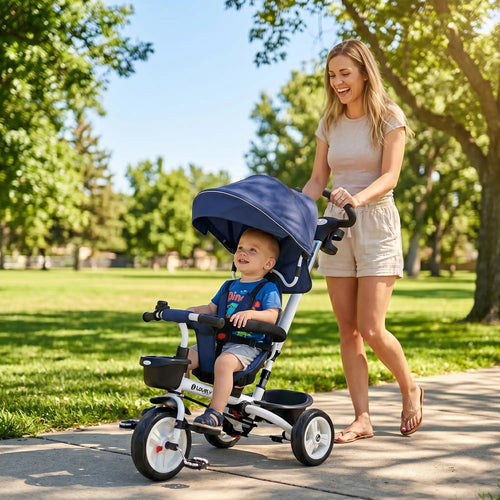6 in 1 Toddler Tricycle, Parent Push Handle, Canopy, Storage Baskets, Dark Blue