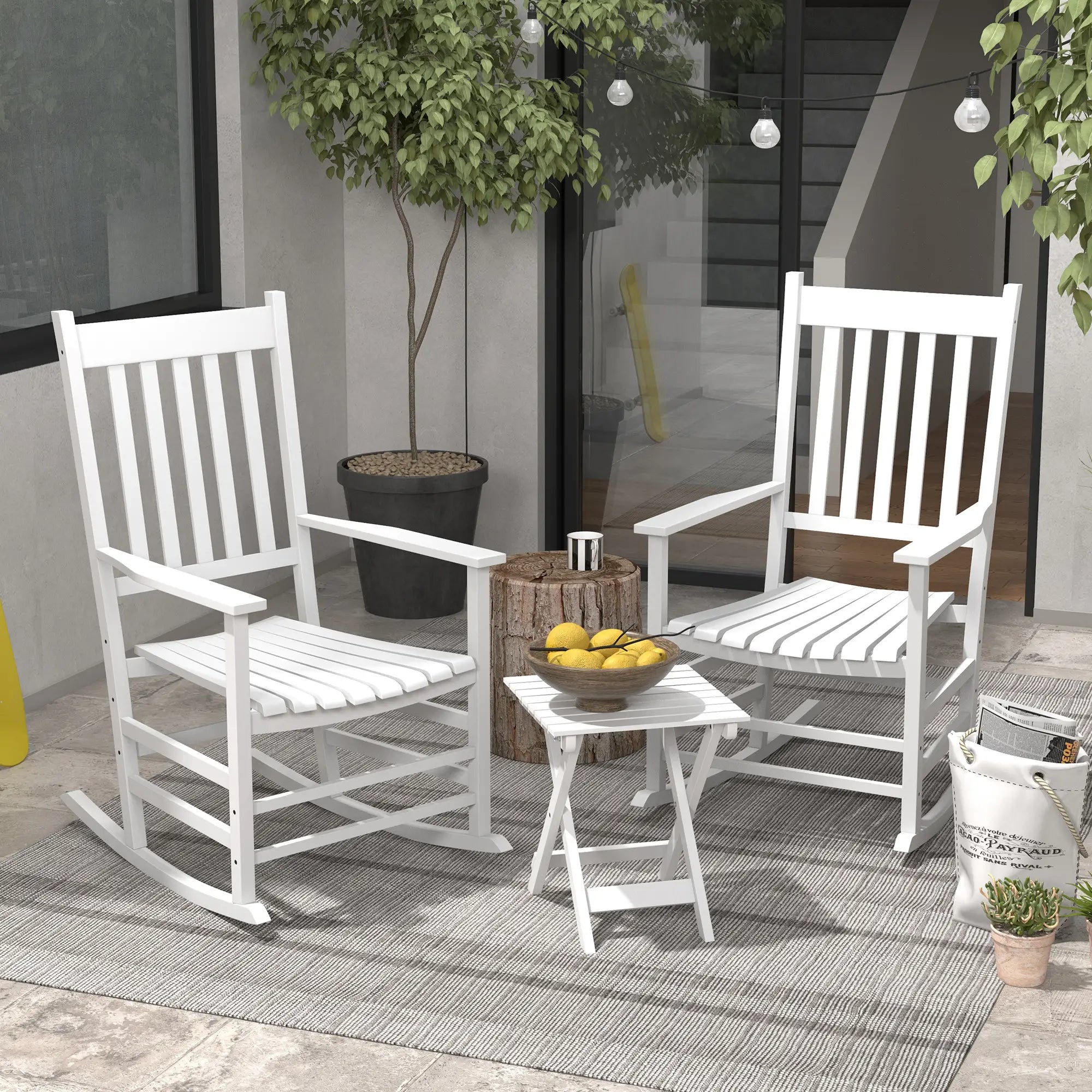3 Pc Outdoor Rocking Chair Set, Wooden Patio Chairs with Table, White Outdoor Rocking Chairs at Gallery Canada