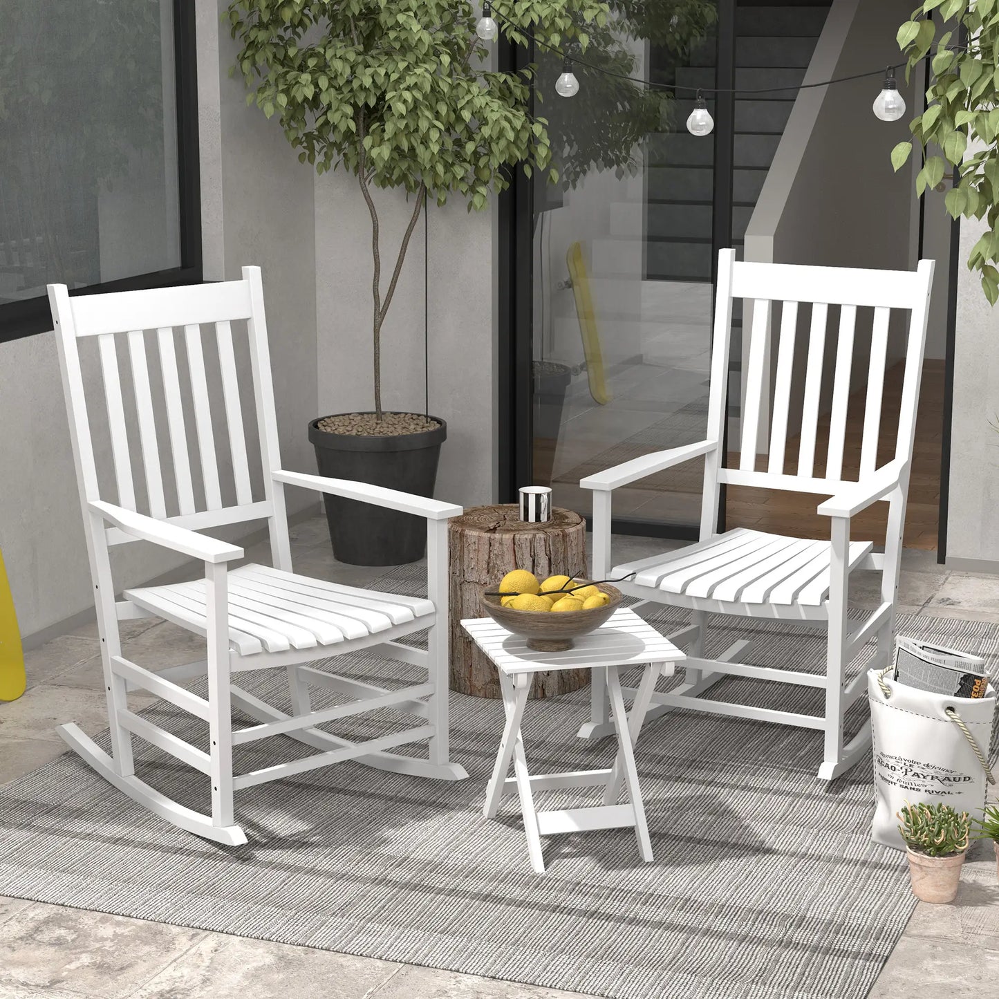 3 Pc Outdoor Rocking Chair Set, Wooden Patio Chairs with Table, White Outdoor Rocking Chairs at Gallery Canada