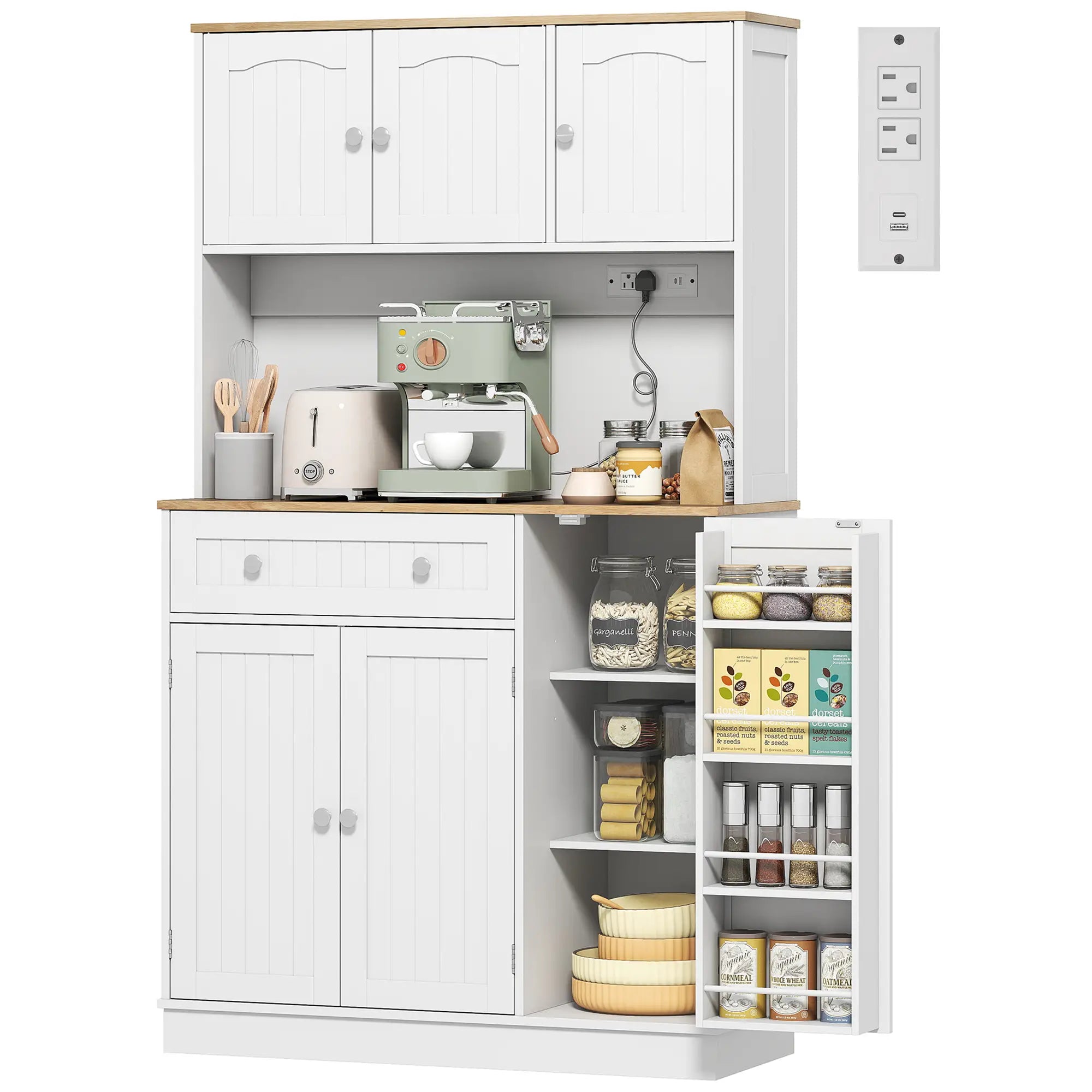 68 Inch Pantry Cabinet with Charging Station, Microwave Stand, 4 Door Racks, White Kitchen Pantry Cabinets White, Oak at Gallery Canada