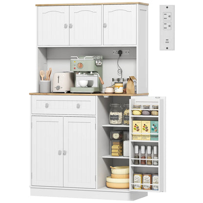 68 Inch Pantry Cabinet with Charging Station, Microwave Stand, 4 Door Racks, White Kitchen Pantry Cabinets White, Oak at Gallery Canada