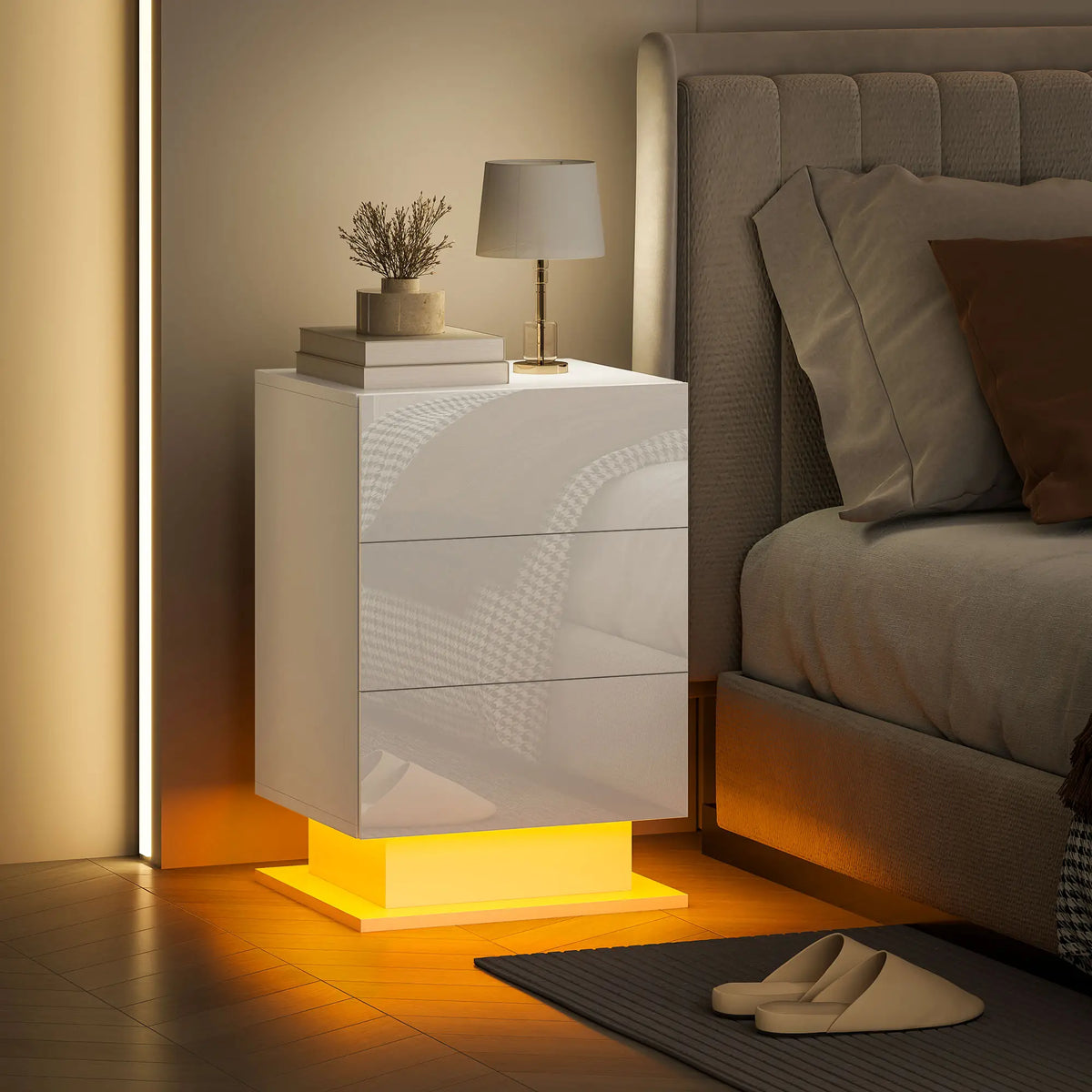 LED Nightstand with 3 Drawers, APP Control, White Bedside Tables at Gallery Canada